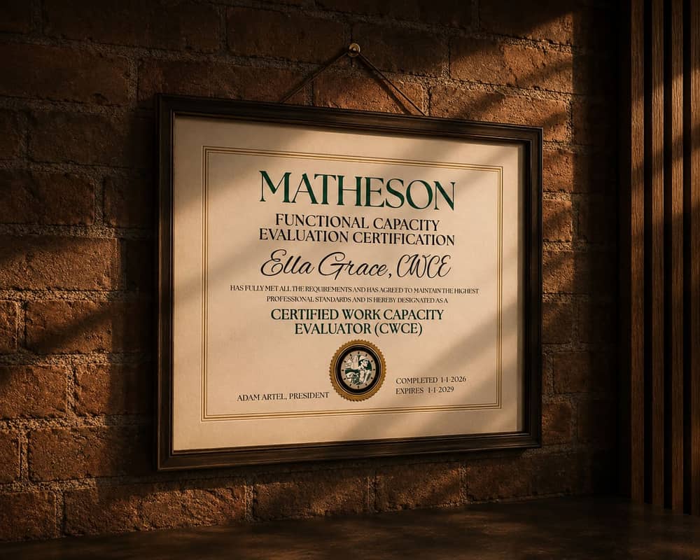 Framed Matheson certification hanging on a wall